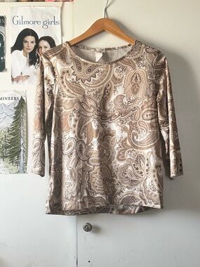 Vintage BonWorth Beige and Cream Paisley Scoop-Neck Long Sleeve Tee